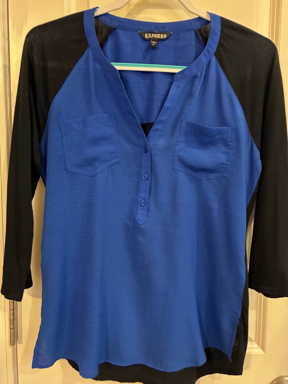 Express Royal Blue Front with Black Raglan Sleeves Henley Top